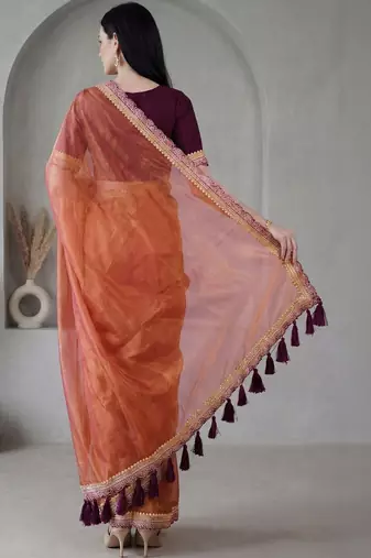Orange  chiffon fusion saree