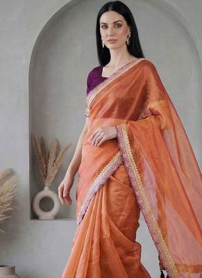Orange  chiffon fusion saree 5
