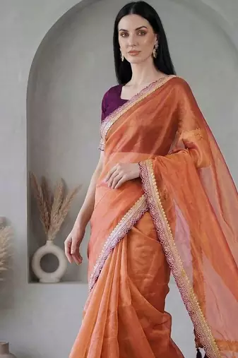 Orange  chiffon fusion saree