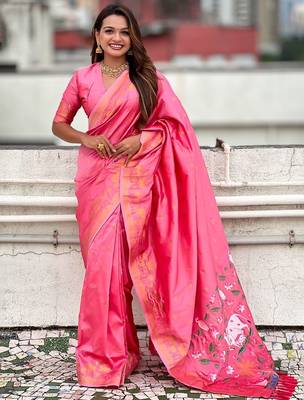 Pink ethnic motifs woven design zari banarasi saree 1