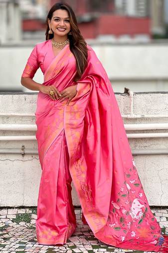 Pink ethnic motifs woven design zari banarasi saree