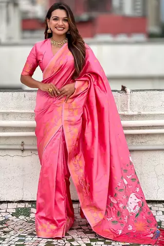 Pink ethnic motifs woven design zari banarasi saree