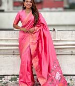 Pink ethnic motifs woven design zari banarasi saree