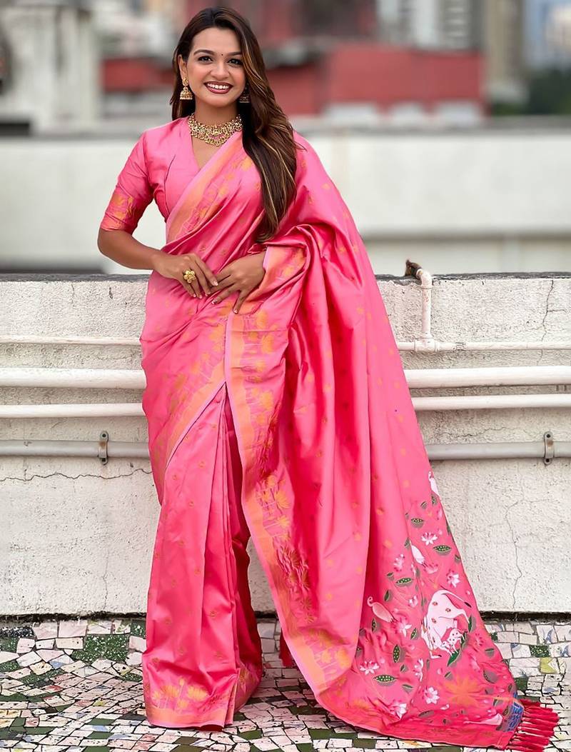 Pink ethnic motifs woven design zari banarasi saree