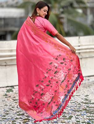 Pink ethnic motifs woven design zari banarasi saree 2