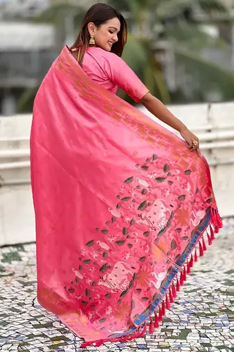 Pink ethnic motifs woven design zari banarasi saree