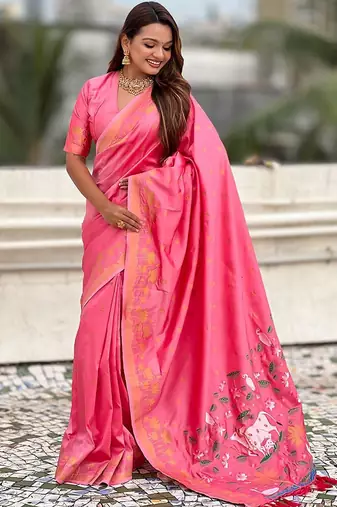 Pink ethnic motifs woven design zari banarasi saree