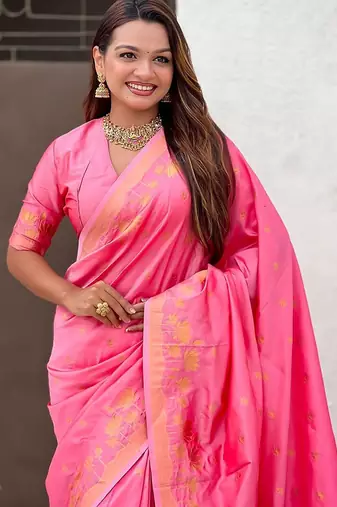 Pink ethnic motifs woven design zari banarasi saree