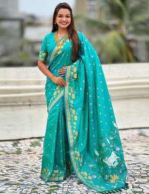 Turquoise ethnic motifs woven design zari banarasi saree 1