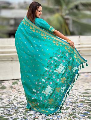 Turquoise ethnic motifs woven design zari banarasi saree 2