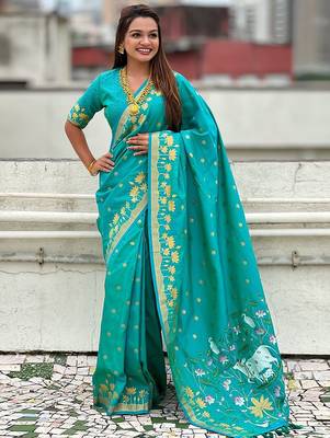 Turquoise ethnic motifs woven design zari banarasi saree 3