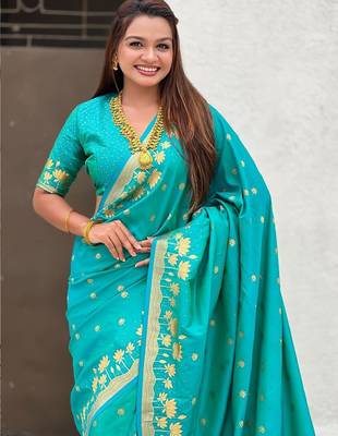 Turquoise ethnic motifs woven design zari banarasi saree 4