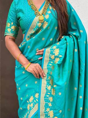Turquoise ethnic motifs woven design zari banarasi saree 5
