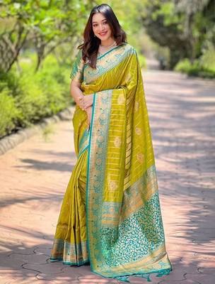 Olive ethnic motifs silk blend banarasi saree 1