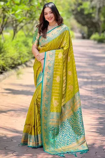 Olive ethnic motifs silk blend banarasi saree