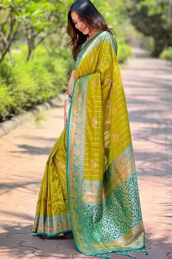 Olive ethnic motifs silk blend banarasi saree