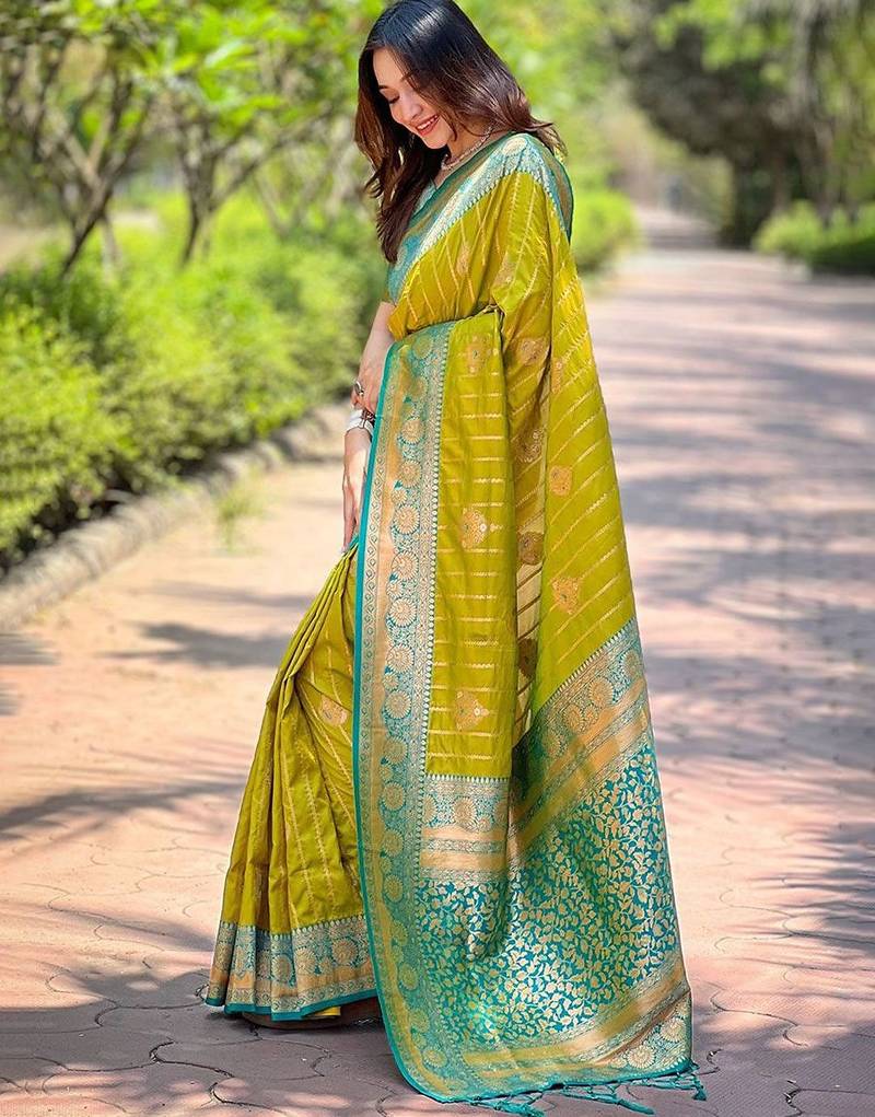 Olive ethnic motifs silk blend banarasi saree