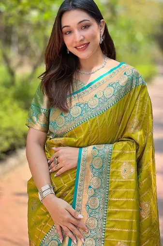 Olive ethnic motifs silk blend banarasi saree