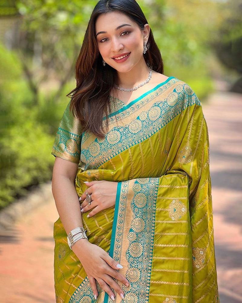 Olive ethnic motifs silk blend banarasi saree