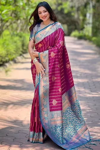 Magenta woven design zari silk blend banarasi saree