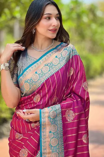 Magenta woven design zari silk blend banarasi saree