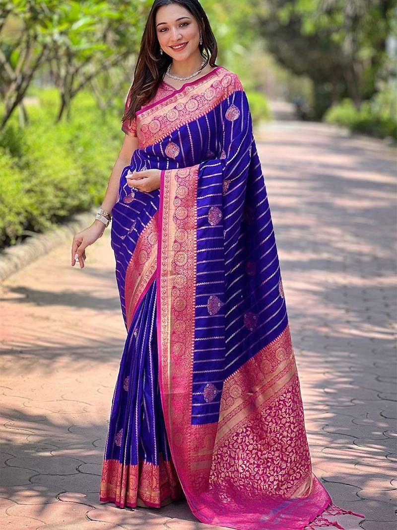 Violet ethnic motifs silk blend banarasi saree
