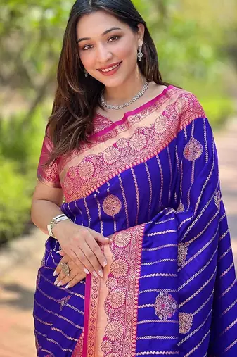 Violet ethnic motifs silk blend banarasi saree