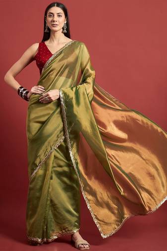 Green beads and stones organza saree