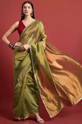 Green beads and stones organza saree