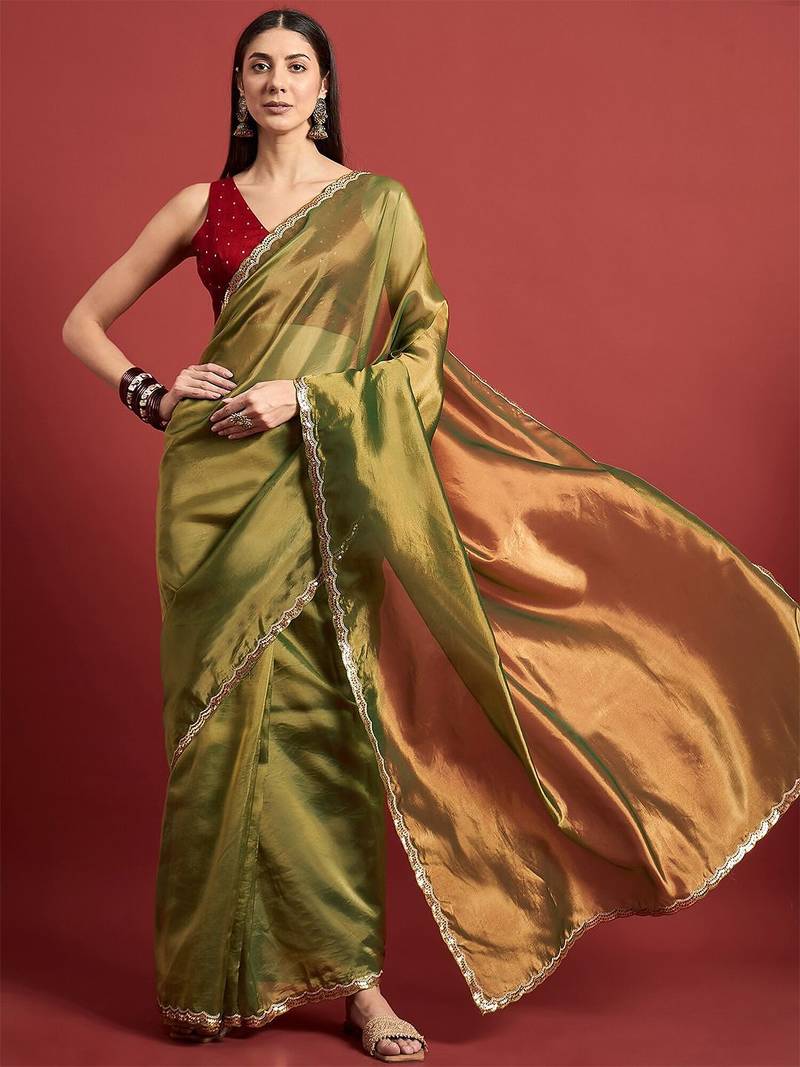 Green beads and stones organza saree
