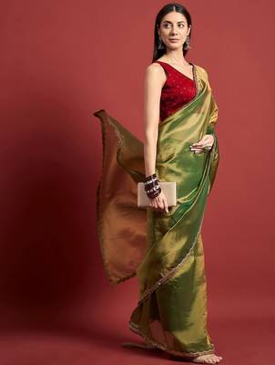 Green beads and stones organza saree 4