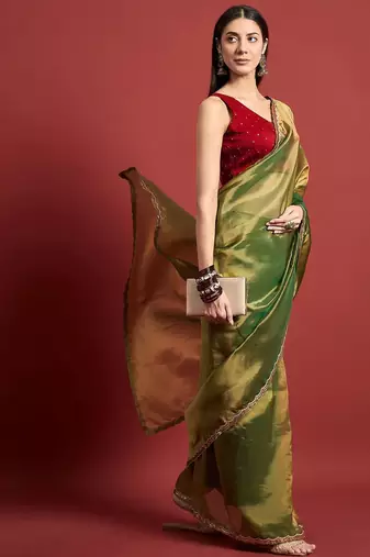 Green beads and stones organza saree