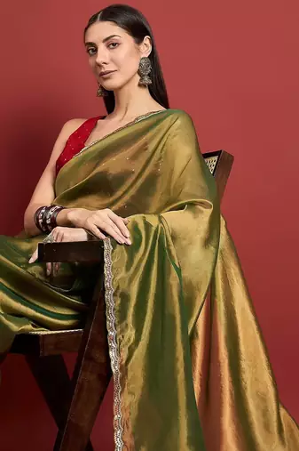 Green beads and stones organza saree