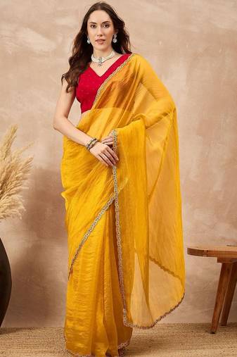Yellow embellished siquinned border organza saree with unstitched blouse piece