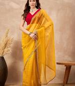 Yellow embellished siquinned border organza saree with unstitched blouse piece