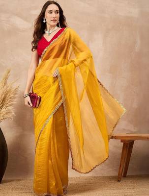 Yellow embellished siquinned border organza saree with unstitched blouse piece 3