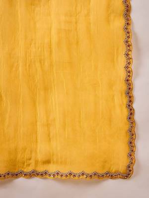 Yellow embellished siquinned border organza saree with unstitched blouse piece 4