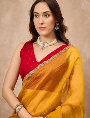 Yellow embellished siquinned border organza saree with unstitched blouse piece 5