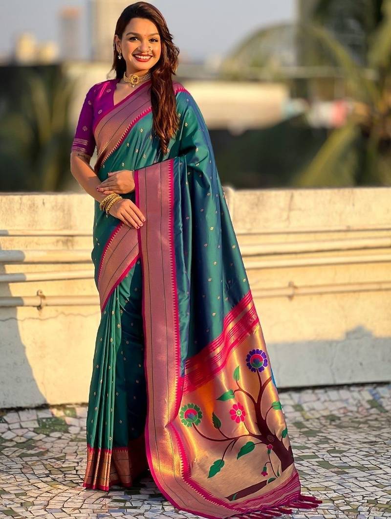 Teal woven design zari silk blend handloom paithani saree