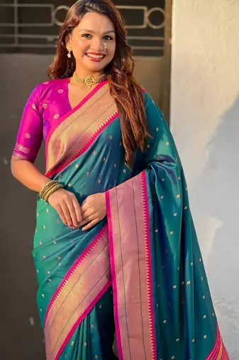 Teal woven design zari silk blend handloom paithani saree