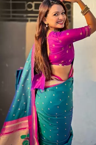 Teal woven design zari silk blend handloom paithani saree