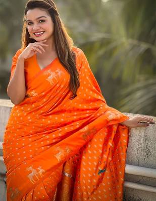 Orange woven design zari kanjeevaram saree 1