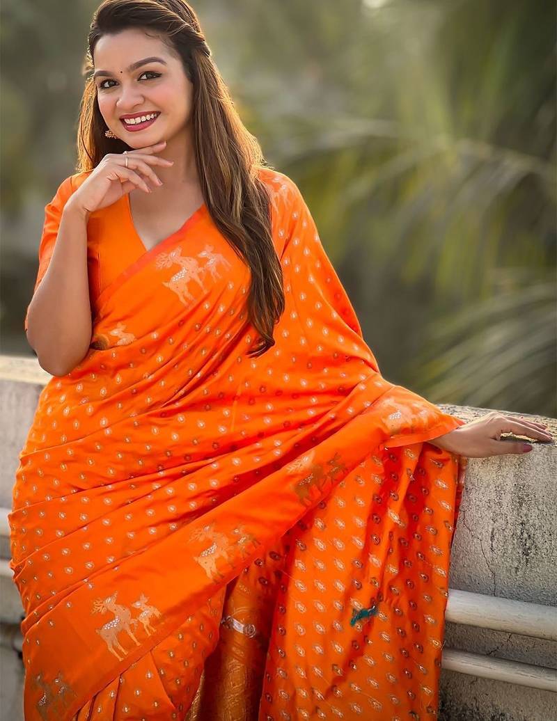 Orange woven design zari kanjeevaram saree