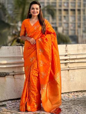 Orange woven design zari kanjeevaram saree 2