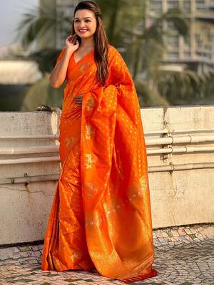 Orange woven design zari kanjeevaram saree 3