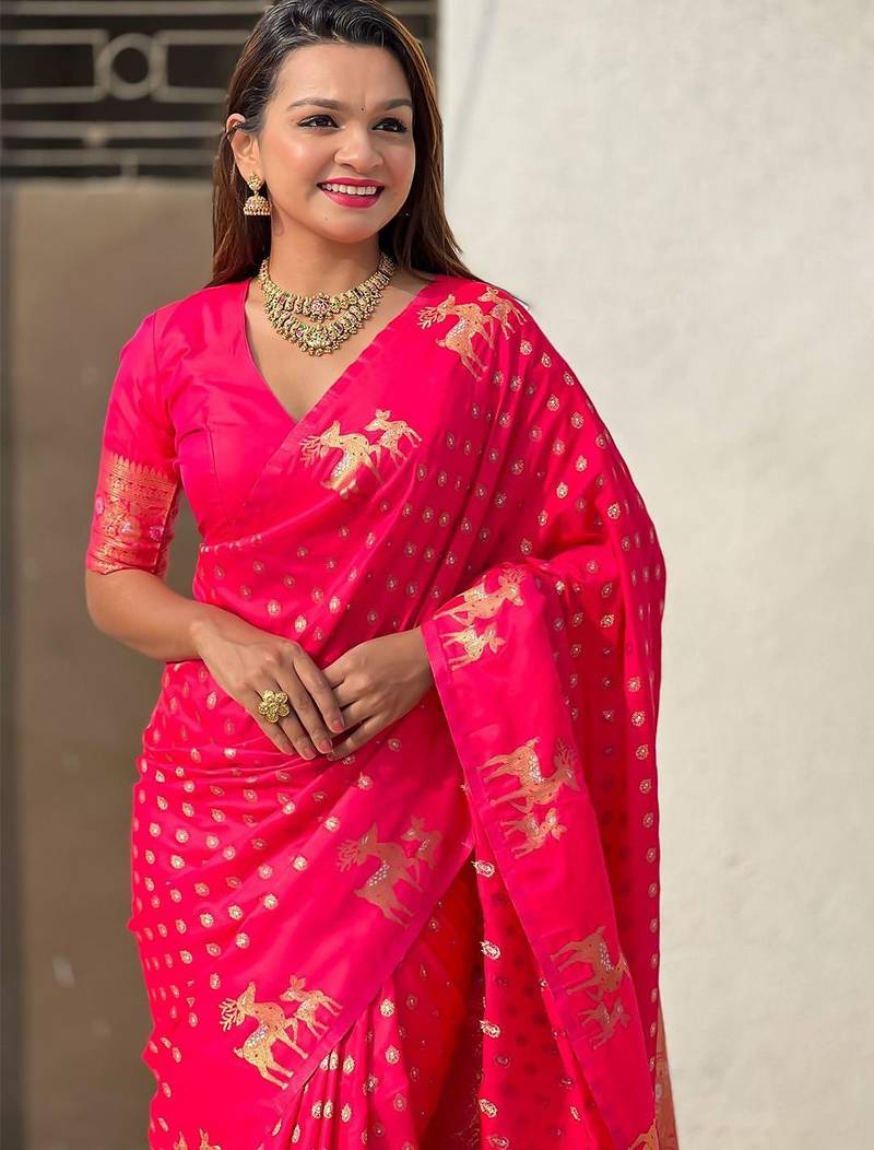 Pink woven design zari kanjeevaram saree