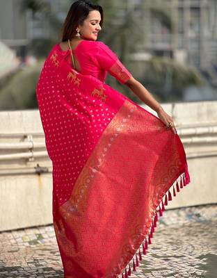 Pink woven design zari kanjeevaram saree 4