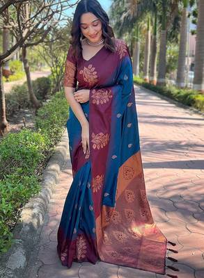 Blue woven design zari silk blend banarasi saree 1