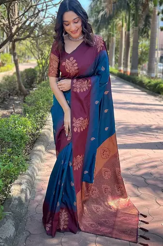Blue woven design zari silk blend banarasi saree