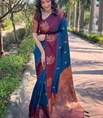 Blue woven design zari silk blend banarasi saree